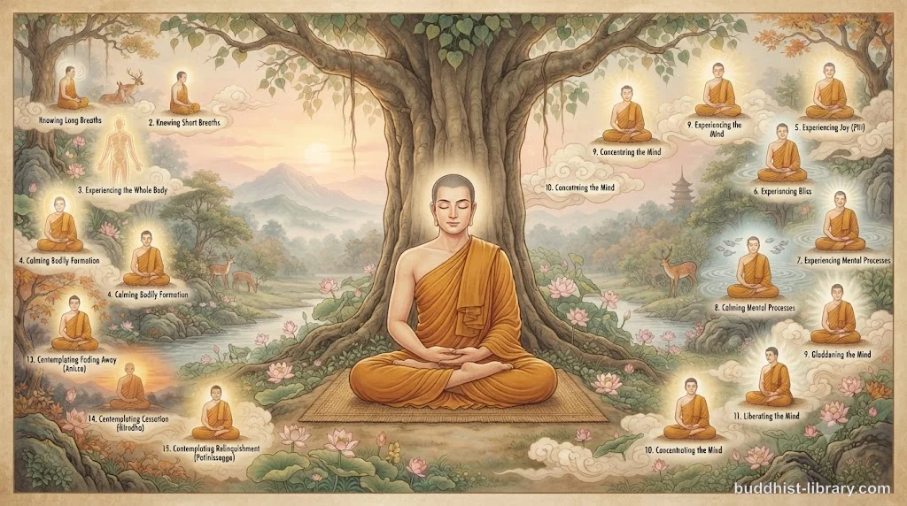 Serene Buddhist meditation hall with soft golden light illuminating a cushion, depicting the systematic practice of mindfulness of breathing