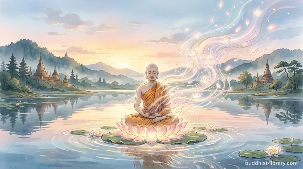 Traditional Buddhist artwork depicting the dissolution of self-concept, with flowing forms representing impermanence and non-attachment