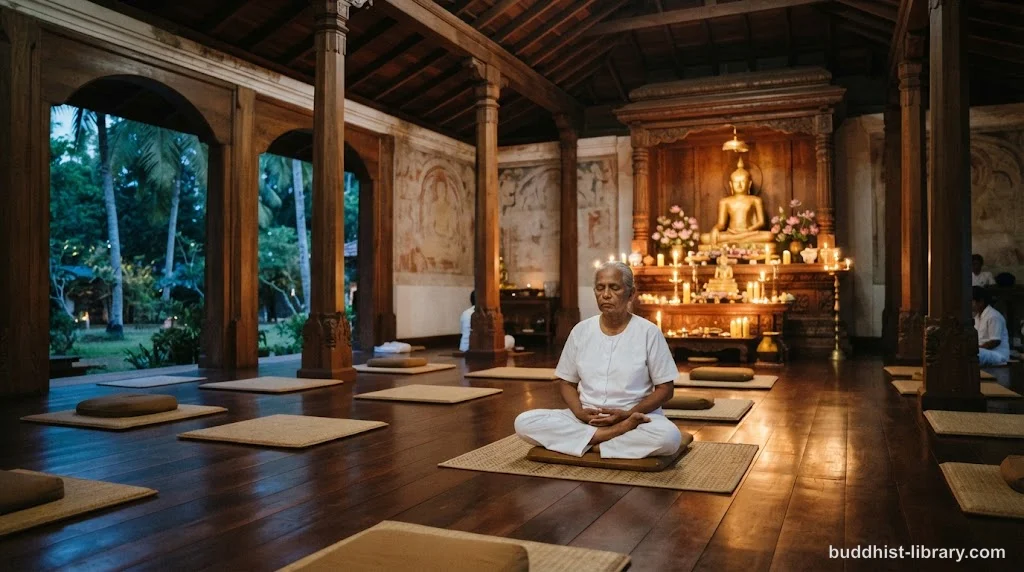 Serene meditation setting with traditional Buddhist elements representing body contemplation practice