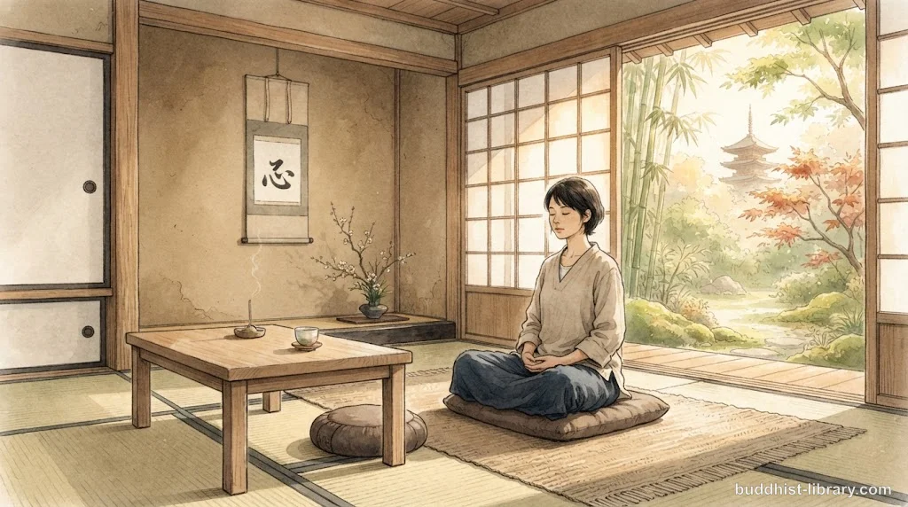 Serene meditation space with soft light, representing mindful awareness amid modern technology