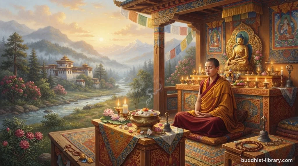 Peaceful meditation scene with offering bowl, symbolizing gratitude and appreciation in Buddhist practice