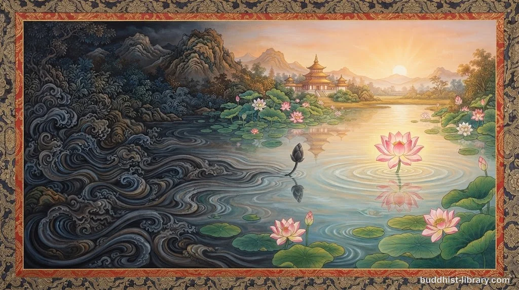 Serene lotus pond reflecting transformation from turbulent emotions to peaceful clarity in Buddhist practice