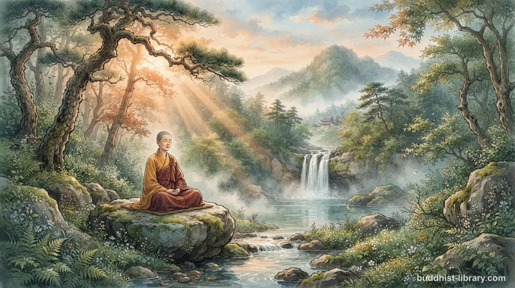 Solitary figure meditating peacefully in nature, depicting the Buddhist approach to transforming loneliness into spiritual solitude
