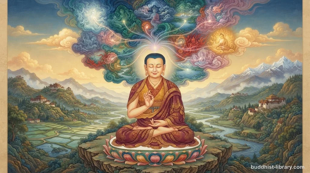 Peaceful meditation scene showing the contemplation of mental states, traditional Buddhist art style