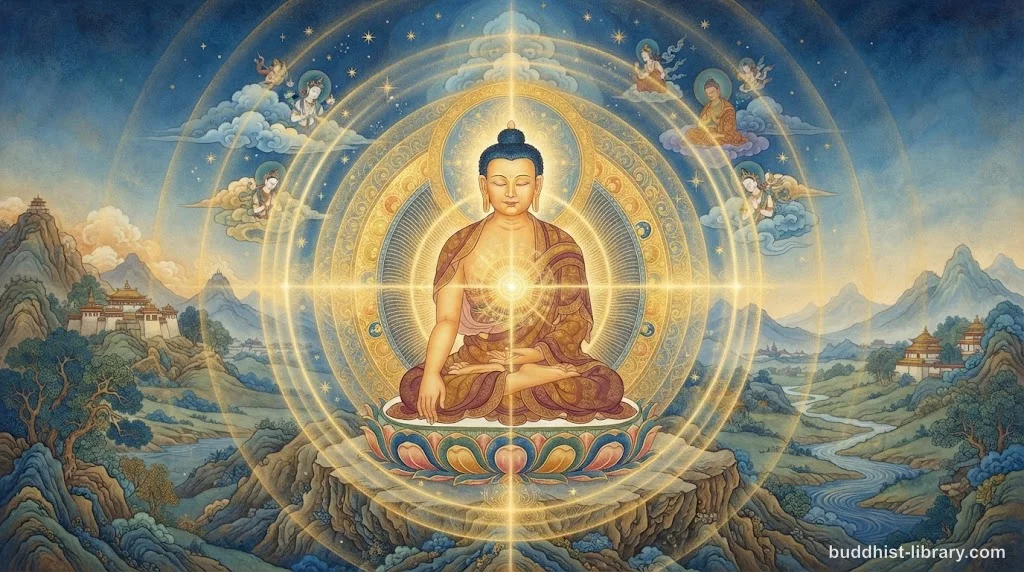 Luminous mind observing itself—concentric circles of awareness radiating outward in deep meditation