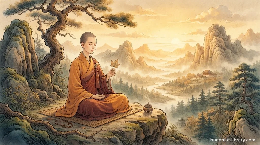 Serene Buddhist practitioner examining natural phenomena with mindful awareness, traditional art style