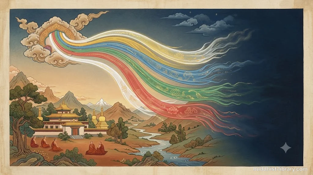 Five flowing elements representing form, feeling, perception, mental formations, and consciousness merging into empty space
