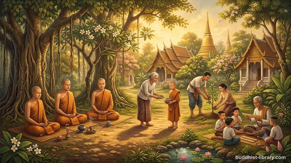 Traditional Buddhist scene depicting ethical conduct and mindful living with peaceful monks and laypeople
