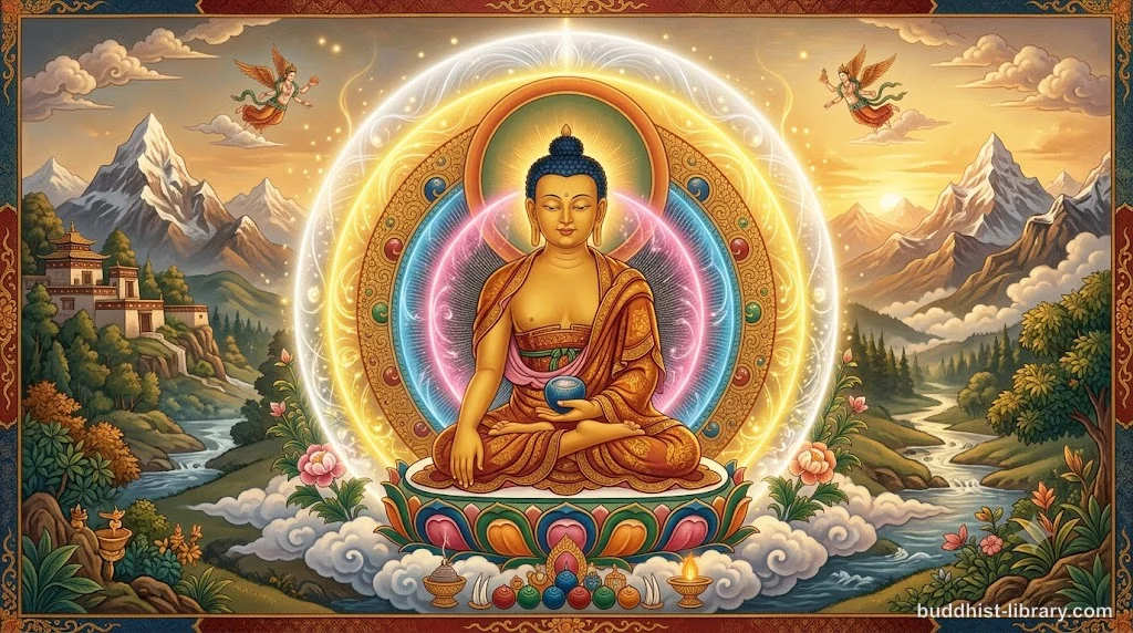 Serene Buddha figure surrounded by radiating light representing the four brahmavihāras in traditional spiritual art style