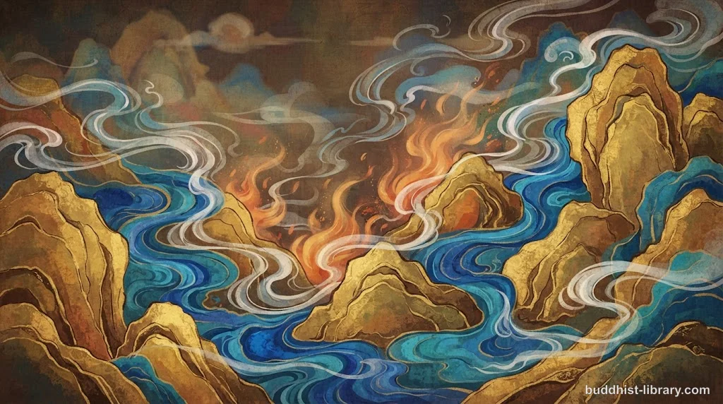 Abstract representation of the four elements—earth, water, fire, and air—in balanced harmony, traditional spiritual art style