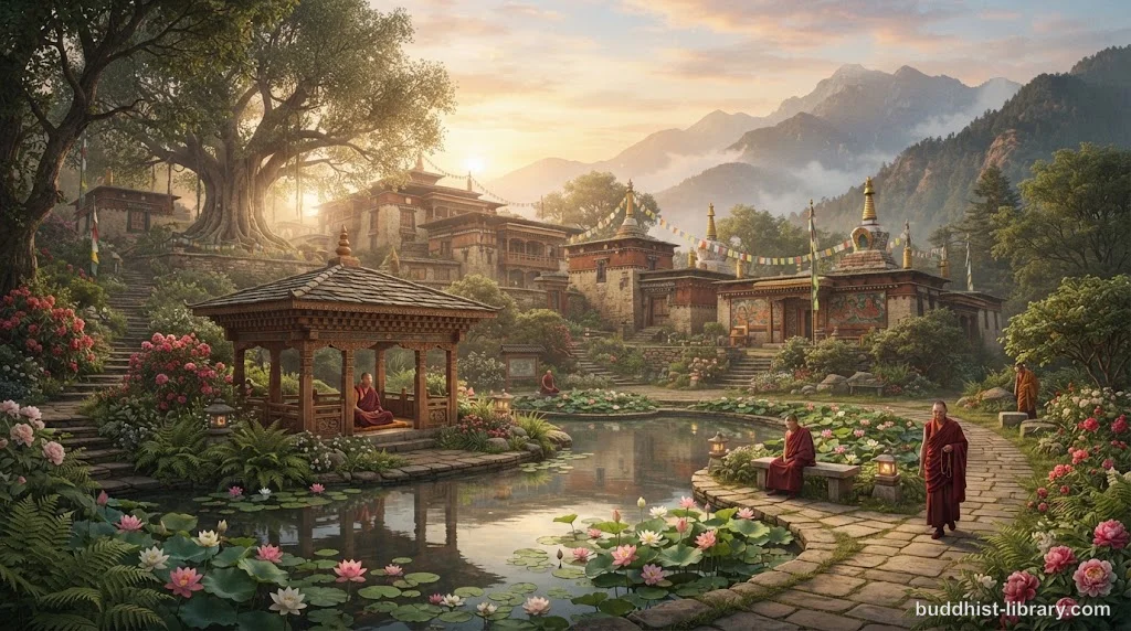 Ancient Buddhist monastery at dawn with healing garden, traditional spiritual art depicting peace and recovery