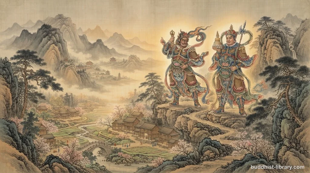Traditional Buddhist art depicting two guardian figures standing watch over a peaceful community, symbolizing moral conscience protecting the world