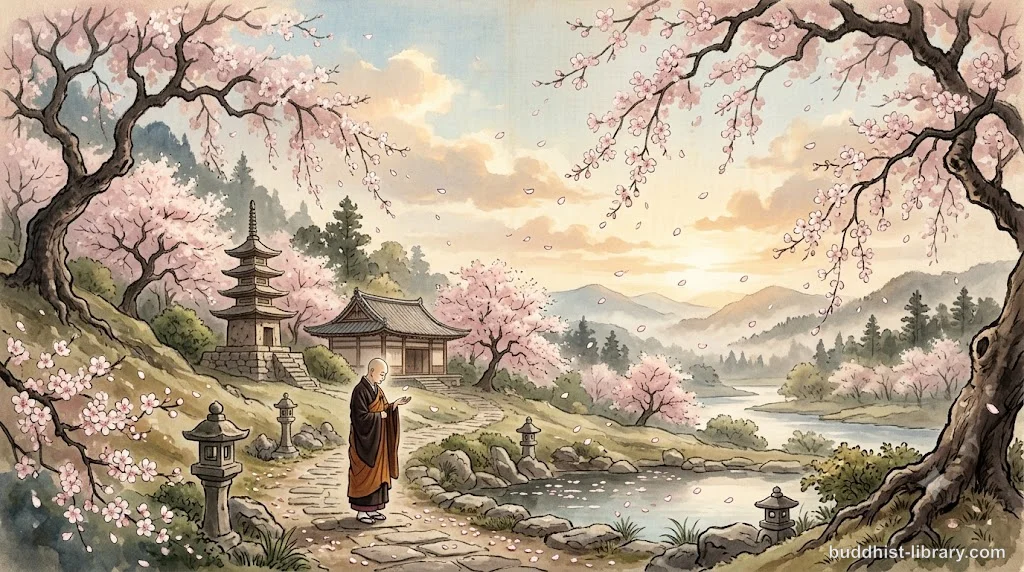 Cherry blossoms falling from a tree branch against a serene sky, symbolizing the constant change of all phenomena