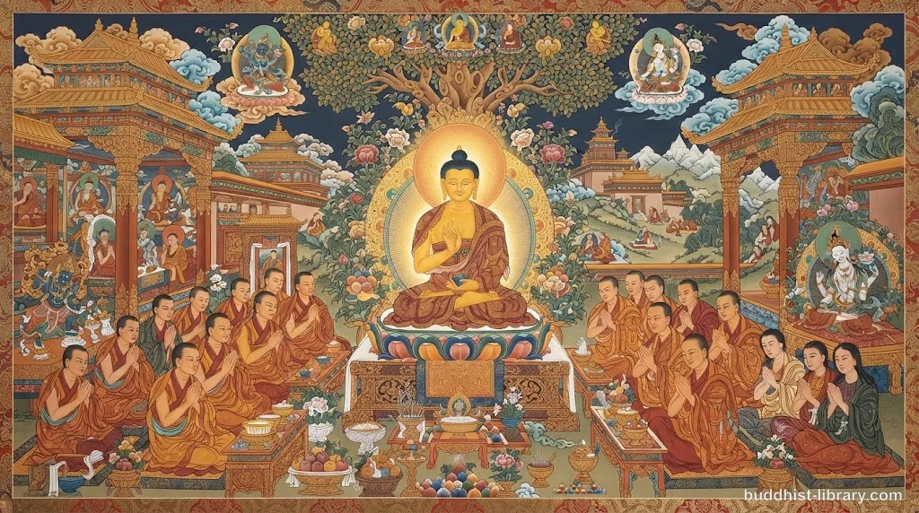 Traditional spiritual art depicting the Buddha's teaching on patience and forbearance through the simile of the saw