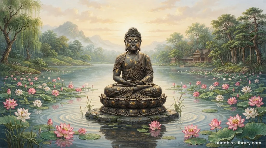Peaceful Buddha statue surrounded by calm water ripples, representing the practice of patience and forbearance in Buddhism