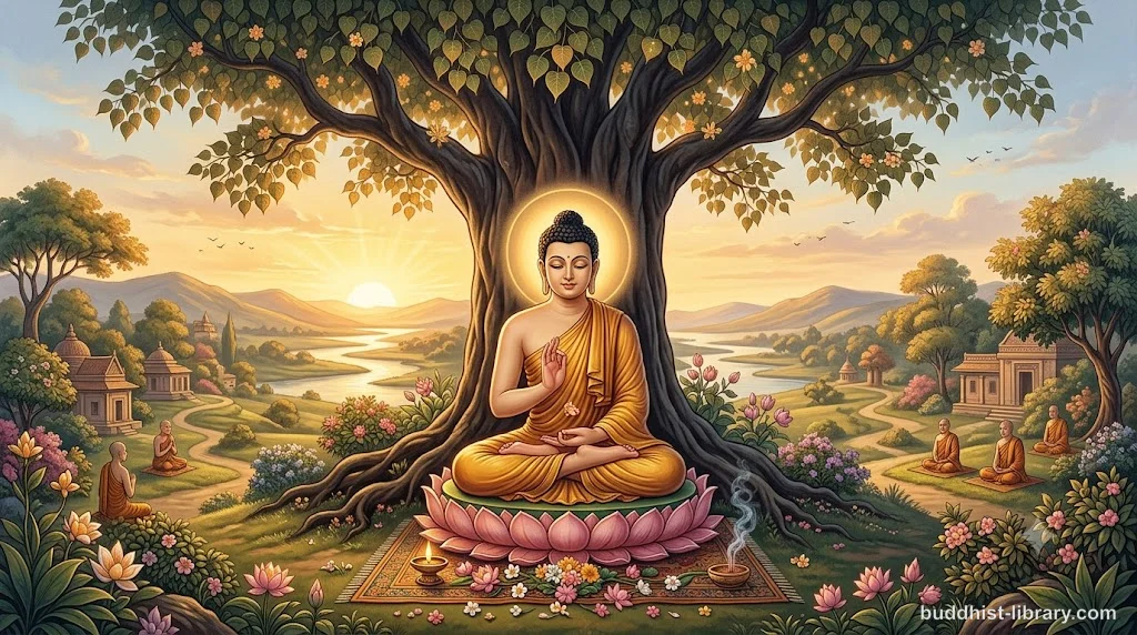 Traditional spiritual art depicting the Buddha's journey from palace life to enlightenment under the bodhi tree