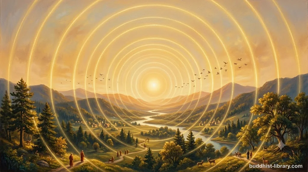 Gentle golden light radiating outward in concentric circles, symbolizing the boundless nature of loving-kindness meditation