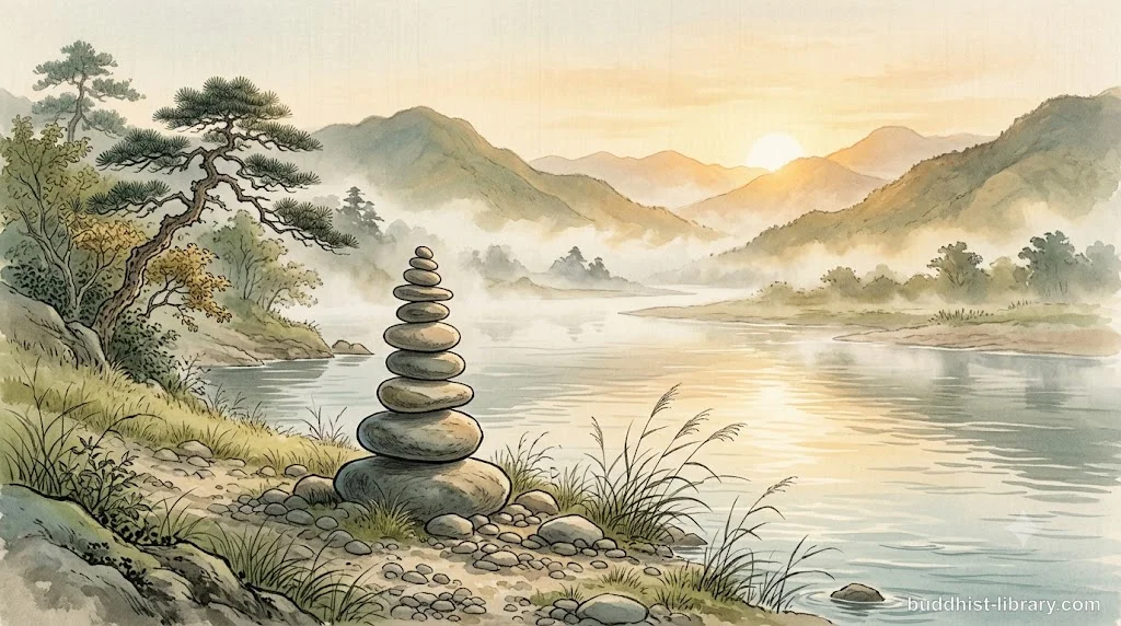A balanced stone cairn on a quiet riverbank, symbolizing the Middle Way between extremes in Buddhist practice
