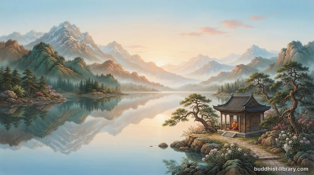 Serene mountain lake at dawn symbolizing the cessation of suffering and peace in Buddhism