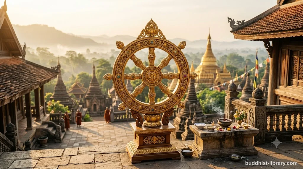 Traditional Buddhist wheel with eight spokes representing the Noble Eightfold Path