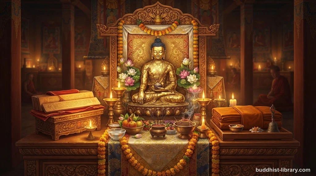 Traditional Buddhist shrine with offerings representing the Triple Gem — Buddha, Dhamma, and Saṅgha — illuminated by candlelight