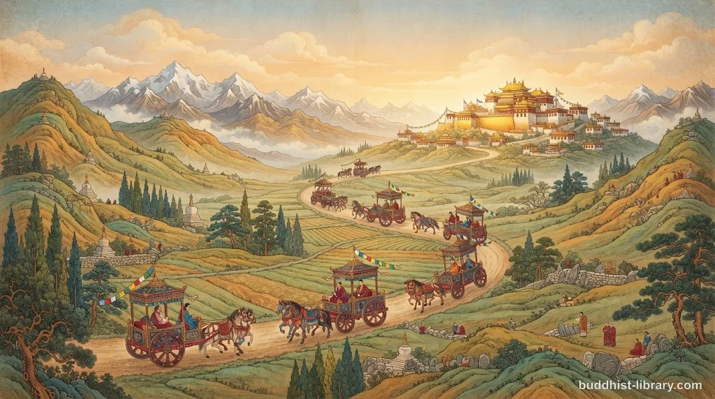 Seven relay chariots traveling toward a distant palace, symbolizing the stages of Buddhist purification