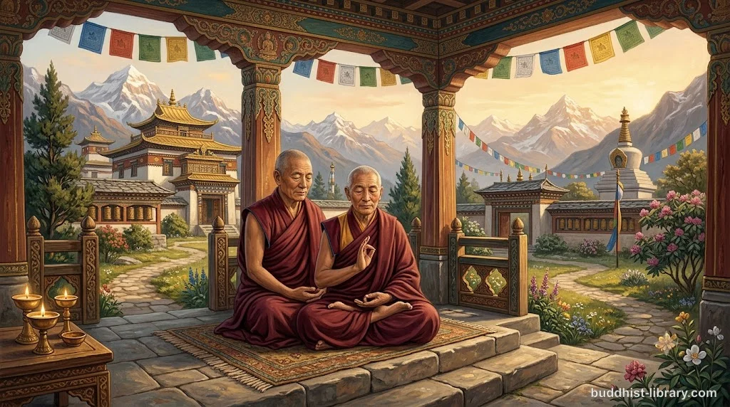 Serene meditation scene showing deep concentration and inner stillness in traditional Buddhist practice