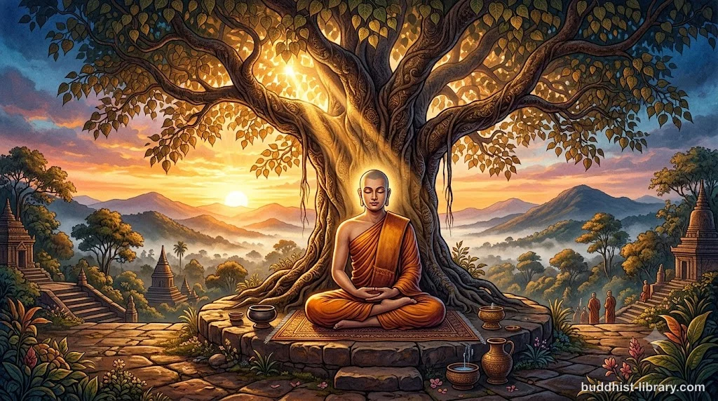 A meditator sitting beneath a bodhi tree at dawn, practicing mindful cultivation with serene determination, traditional Buddhist art style