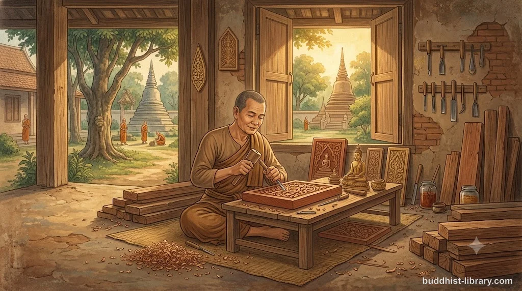 A peaceful scene depicting ethical work and mindful livelihood in traditional Buddhist art style