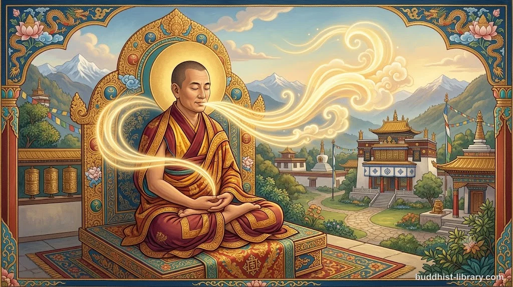 A serene figure meditating with symbolic speech emanating as gentle light, representing mindful communication in traditional Buddhist art style
