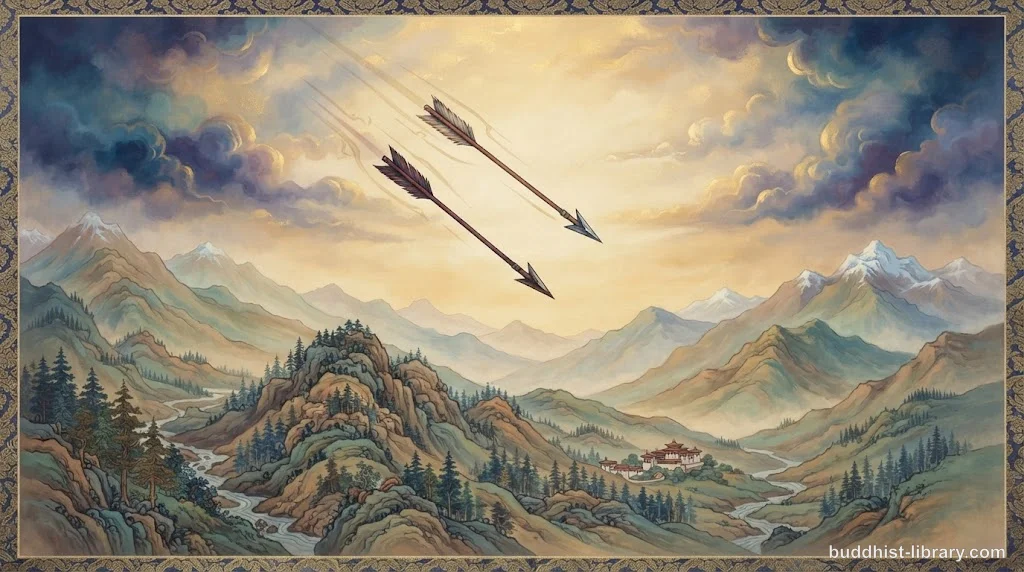 Two arrows in flight, one striking a target representing physical pain, the second representing self-inflicted mental suffering