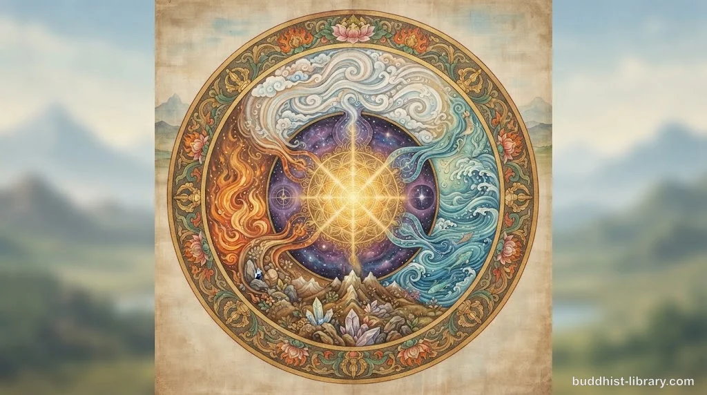 Abstract composition showing six natural elements — earth, water, fire, air, space, and a luminous consciousness field — blending in a circular mandala formation, traditional Buddhist art style, serene spiritual atmosphere, 16:9