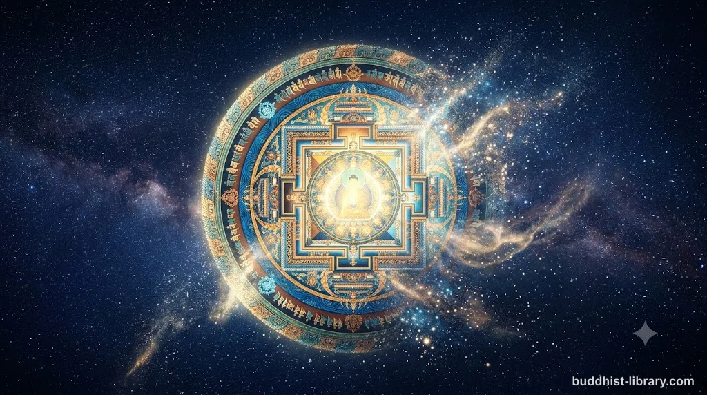 A luminous mandala dissolving into space, symbolizing the teaching of emptiness in the Heart Sutra