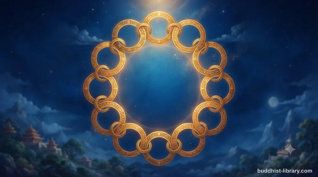 Twelve interconnected rings forming a continuous chain, symbolizing dependent origination in Buddhism