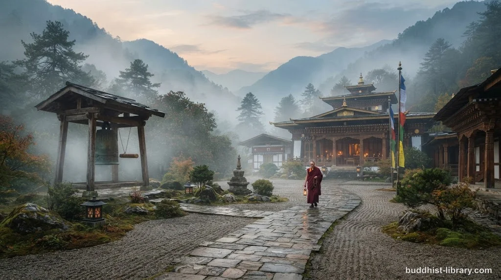 Serene monastery courtyard at dawn with stone path and meditation bell, symbolizing daily contemplation practice