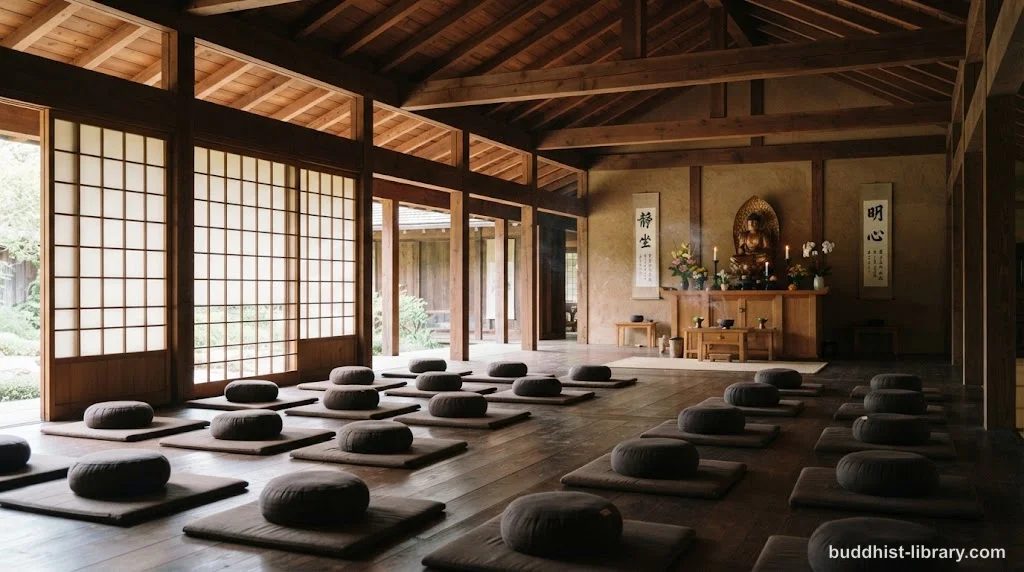 Serene meditation hall with natural light filtering through wooden beams, symbolizing mental clarity and focused practice