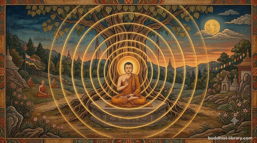 Serene meditator in deep concentration beneath ancient tree with radiating golden light representing jhāna states