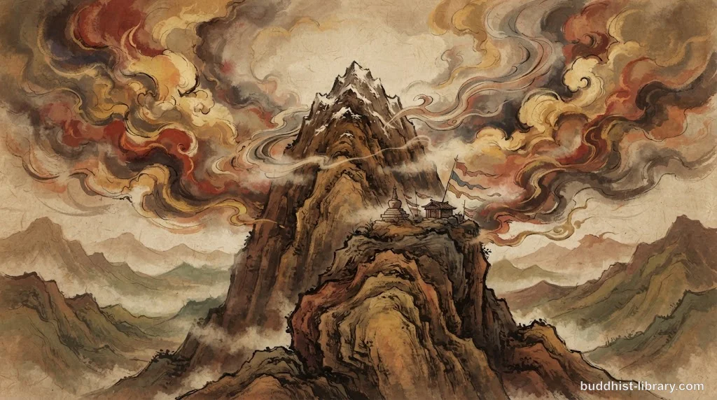A mountain peak standing firm against clouds, symbolizing unwavering resolve and conviction in Buddhist practice