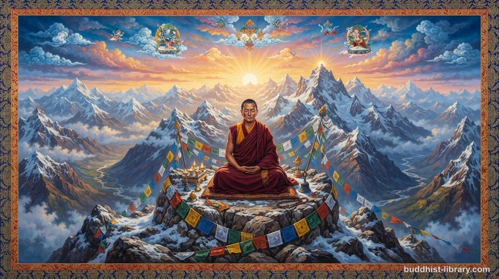 A serene mountain peak at dawn symbolizing unwavering determination and resolve in Buddhist practice
