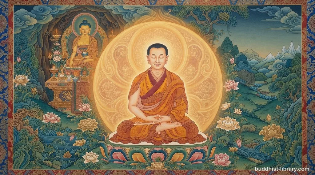 Traditional spiritual art depicting a serene meditator in cultivation practice, symbolizing bhāvanā or mental development in Buddhism