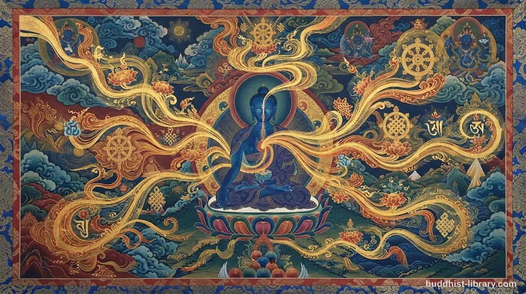 Abstract representation of intention and karma as interconnected streams of light in traditional Buddhist art style