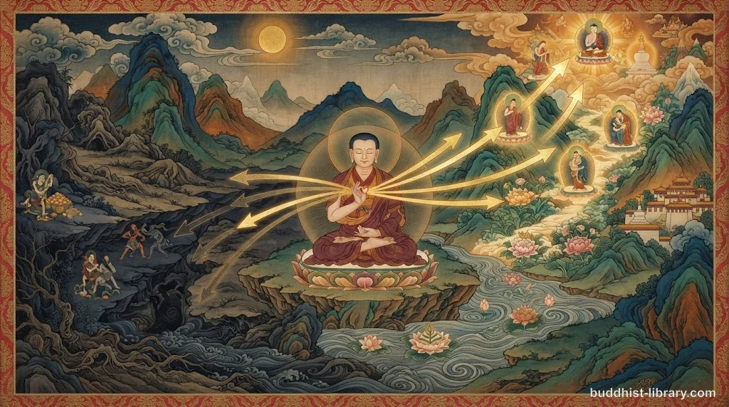 Traditional Buddhist art depicting the mind directing intention, with symbolic arrows of volition pointing toward wholesome and unwholesome actions