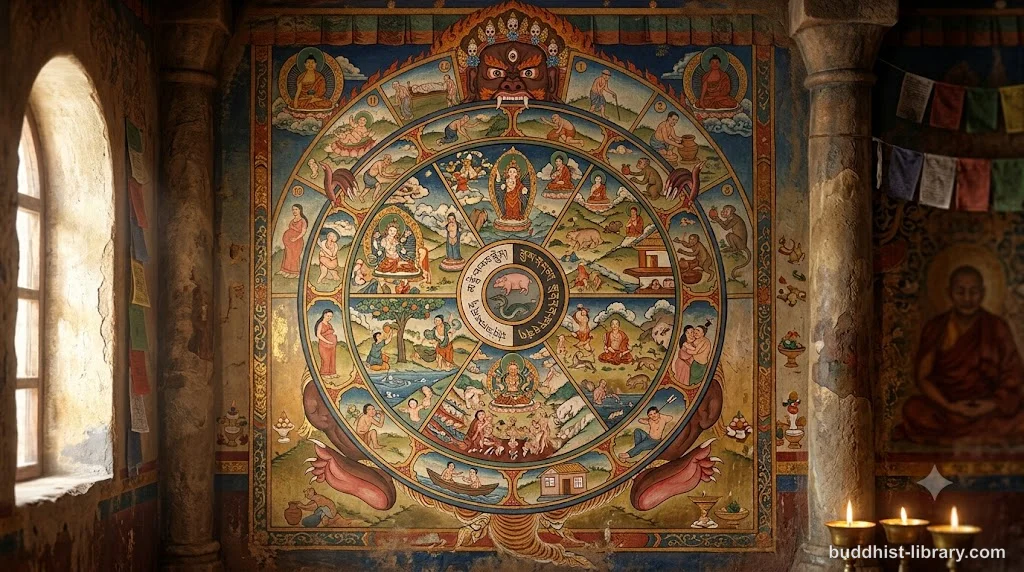 Traditional Buddhist wheel illustration depicting the twelve links of dependent origination in interconnected harmony