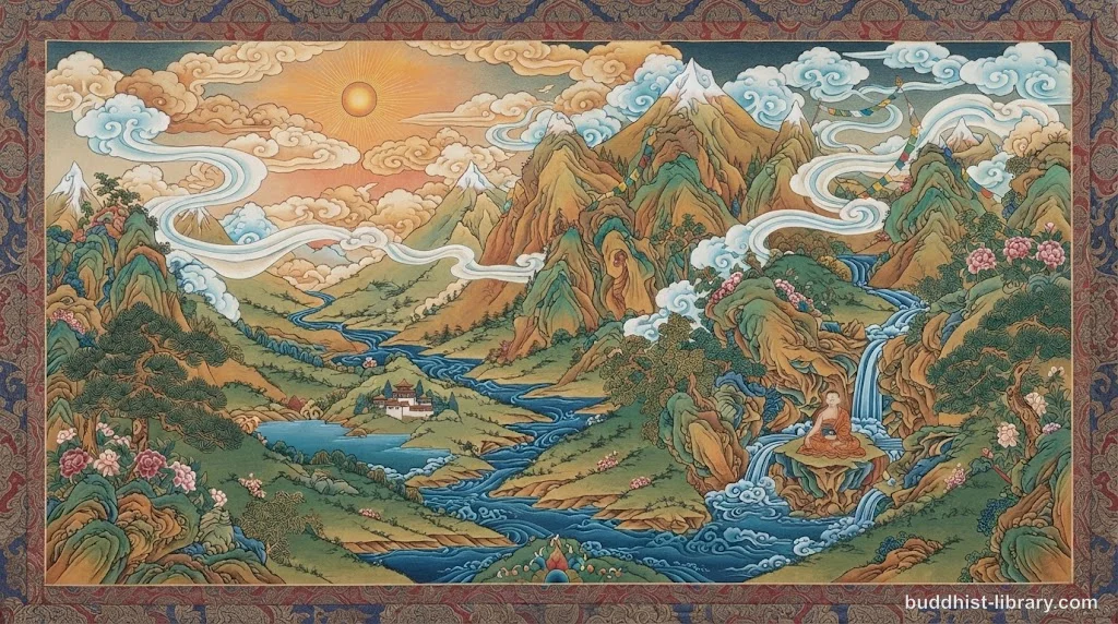 Four elements—earth, water, fire, air—depicted as natural forces in traditional Buddhist art style