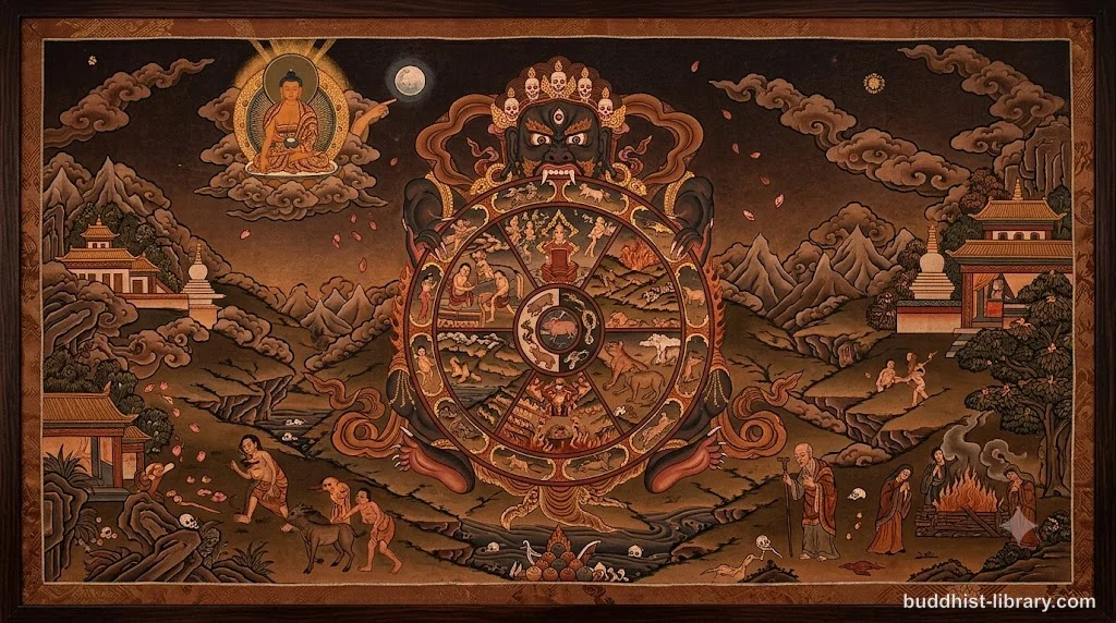 Traditional spiritual art depicting the concept of dukkha in Buddhist philosophy