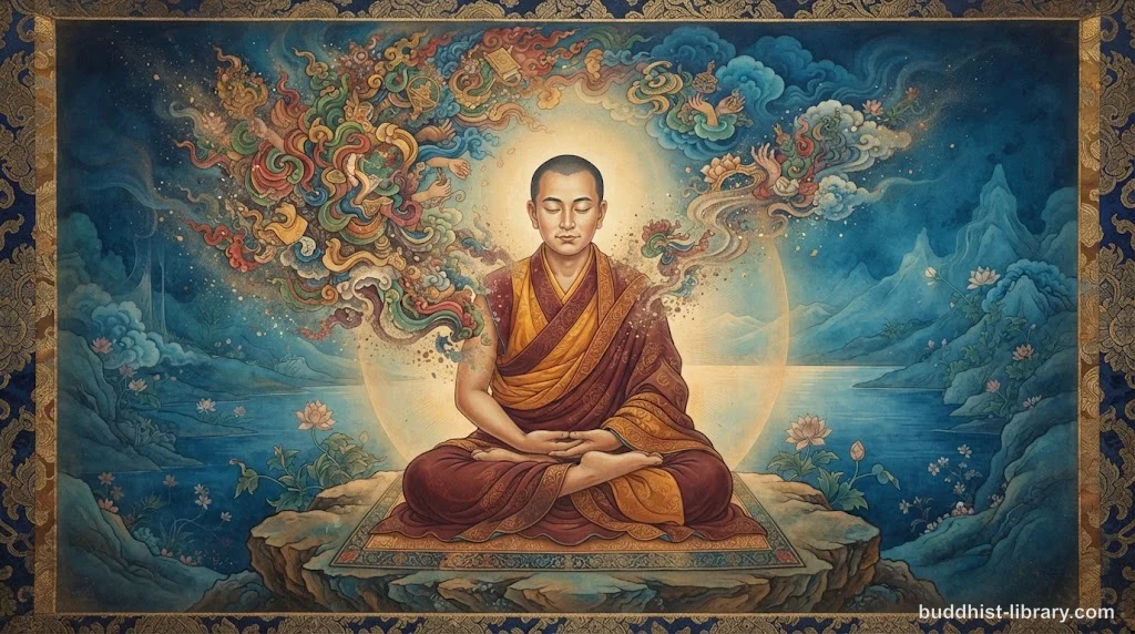 Contemplative figure seated before fading illusions dissolving into clarity, traditional Buddhist art style, representing disenchantment and insight