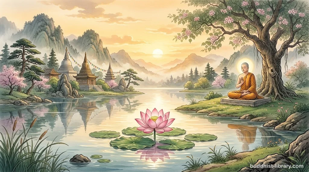 Serene meditation scene representing the peace of Nirvana, traditional Buddhist art style