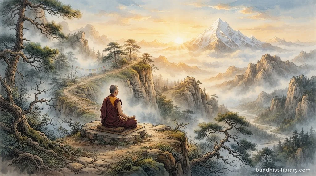 Traditional Buddhist art depicting a meditator on a mountain path at dawn, symbolizing the Once-Returner's penultimate stage before full liberation