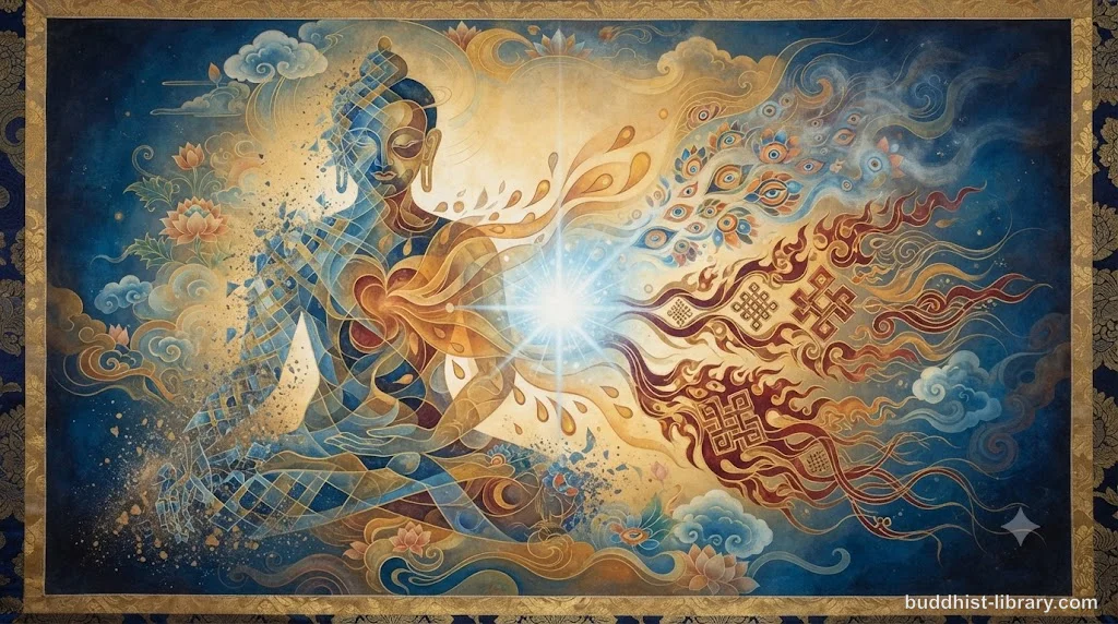 Traditional Buddhist art depicting the illusion of self through the five aggregates dissolving into emptiness