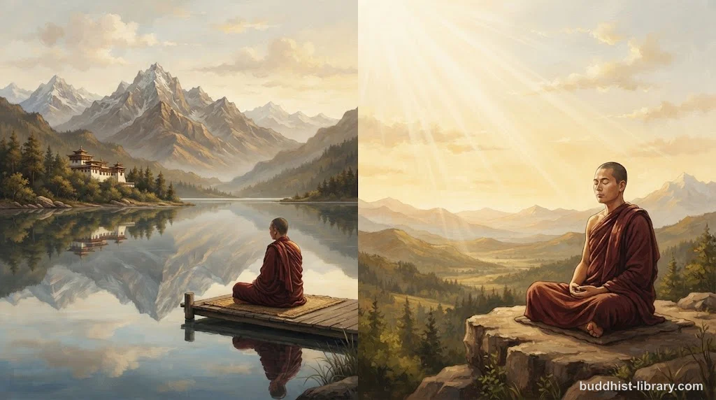 Calm lake reflecting mountains representing samatha tranquility and clear sky representing vipassanā insight in Buddhist meditation practice